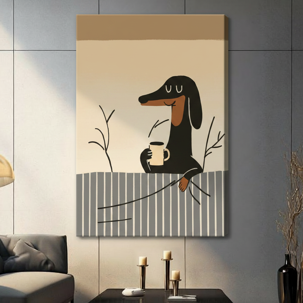 Dachshund Coffee Morning Stretched Canvas Wall Art