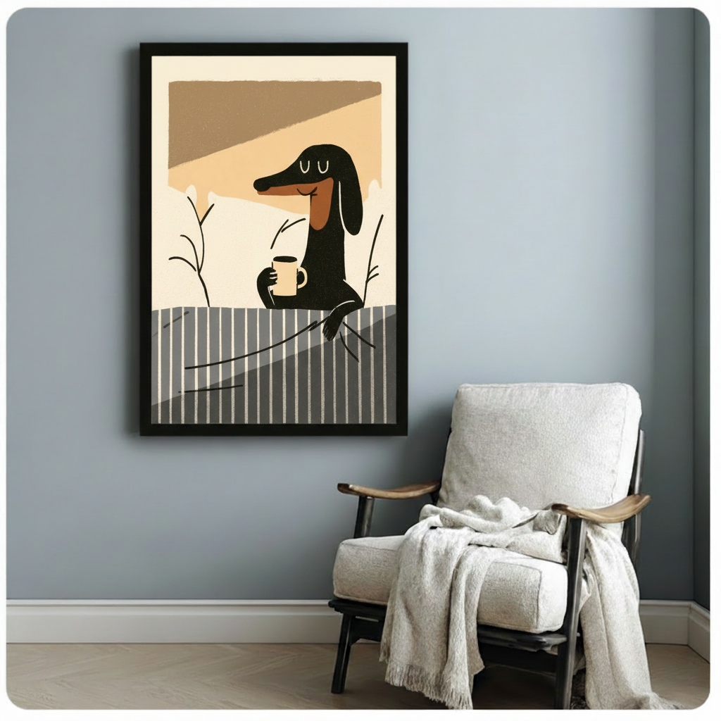 Dachshund Coffee Morning Stretched Canvas Wall Art