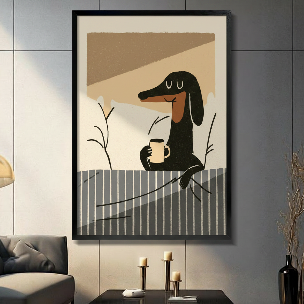 Dachshund Coffee Morning Stretched Canvas Wall Art