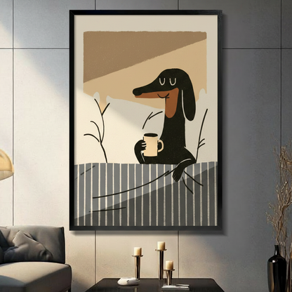 Dachshund Coffee Morning Stretched Canvas Wall Art