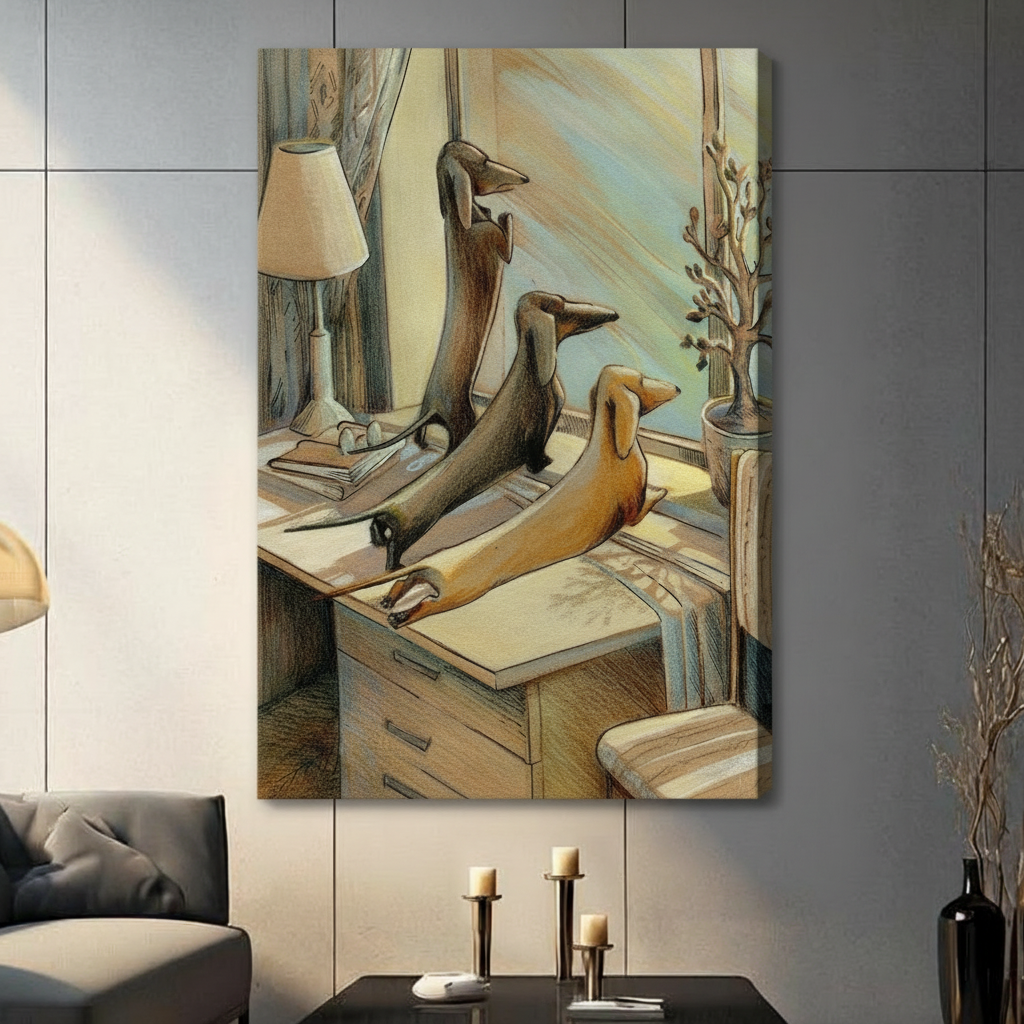 Dachshund Trio Cozy Home Illustration Canvas Art