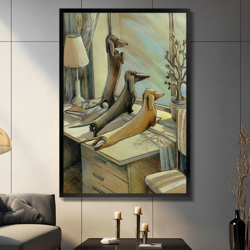 Dachshund Trio Cozy Home Illustration Canvas Art