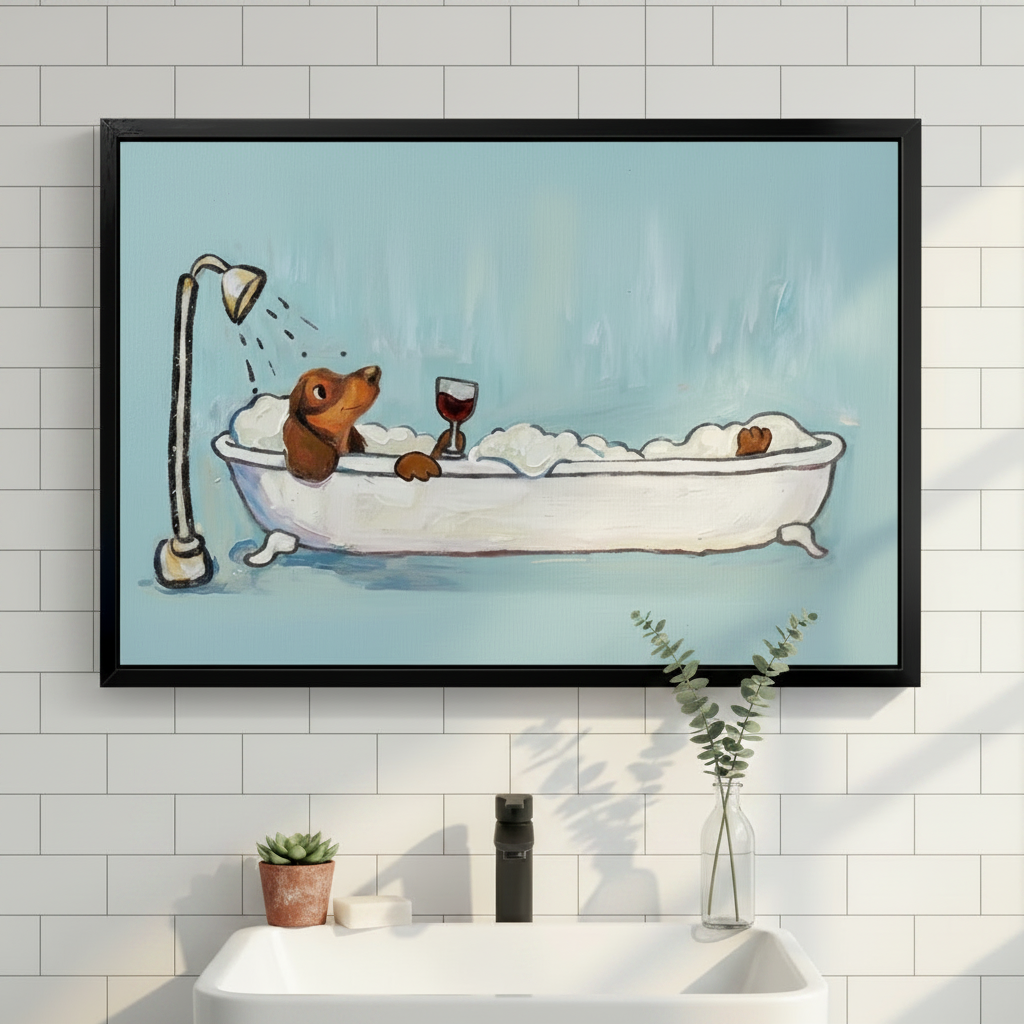 Dachshund Bubble Bath Wine Canvas Wall Art