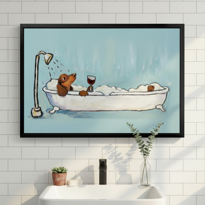 Dachshund Bubble Bath Wine Canvas Wall Art