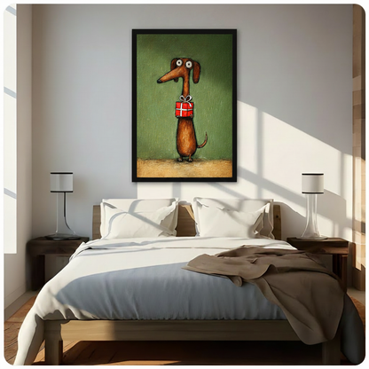 Funny Dachshund Holding Gift Canvas Wall Art