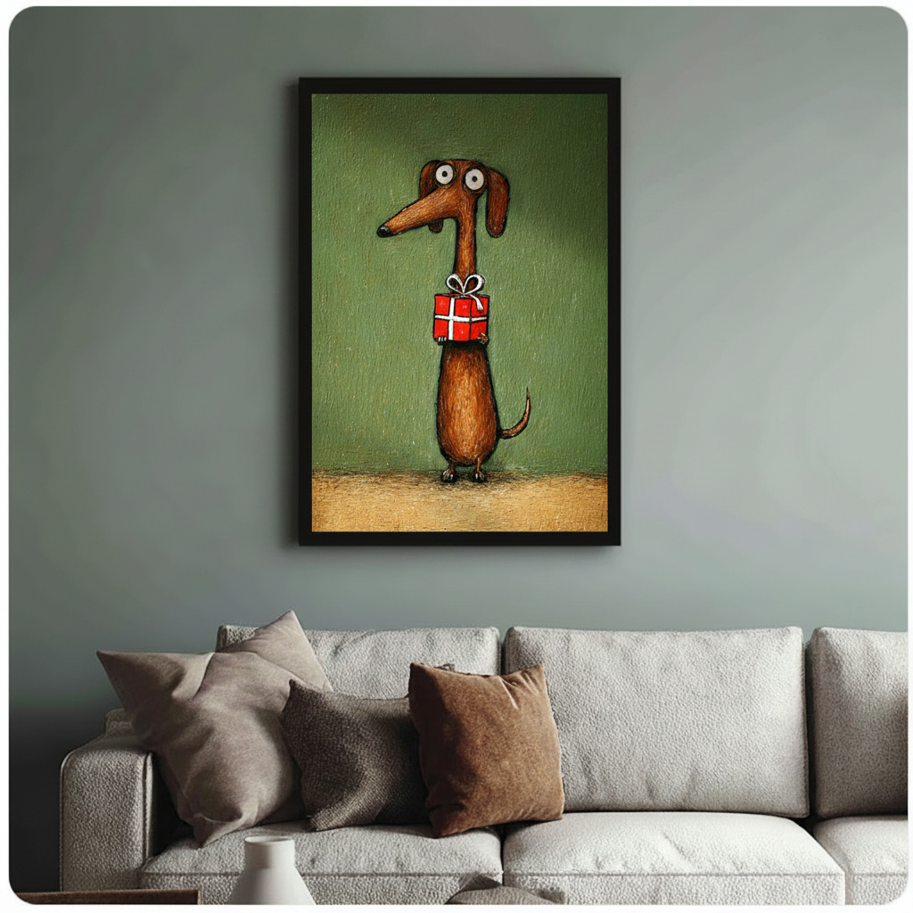 Funny Dachshund Holding Gift Canvas Wall Art