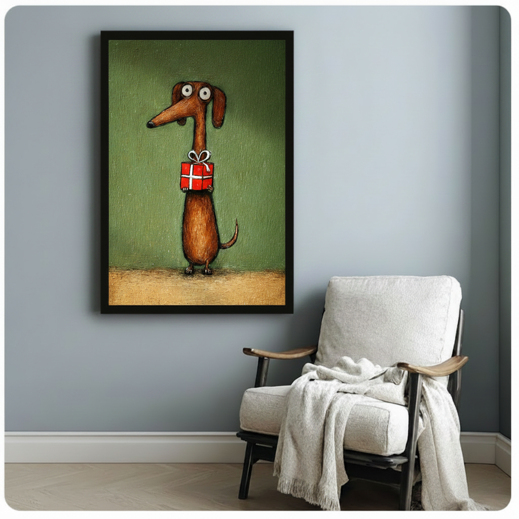 Funny Dachshund Holding Gift Canvas Wall Art