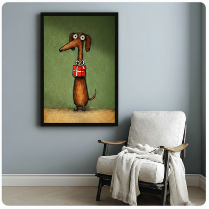Funny Dachshund Holding Gift Canvas Wall Art