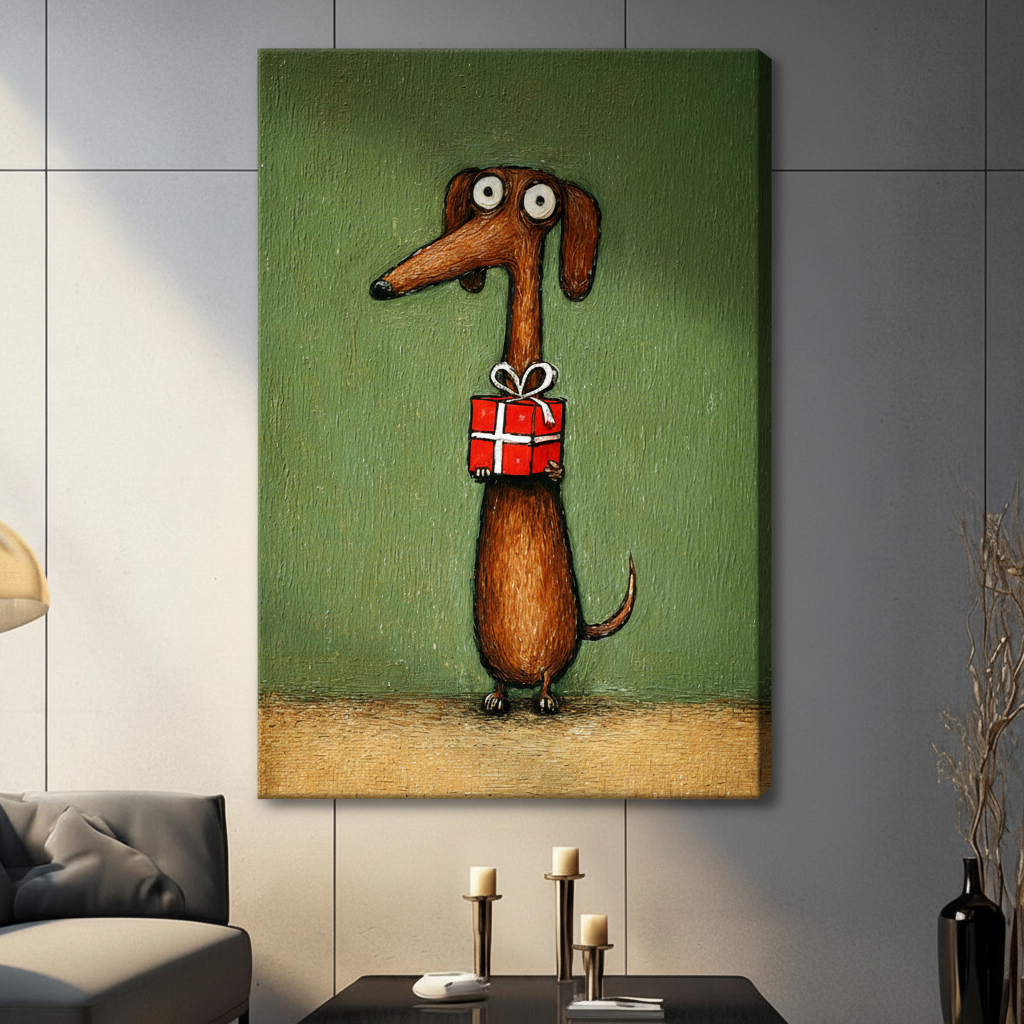 Funny Dachshund Holding Gift Canvas Wall Art