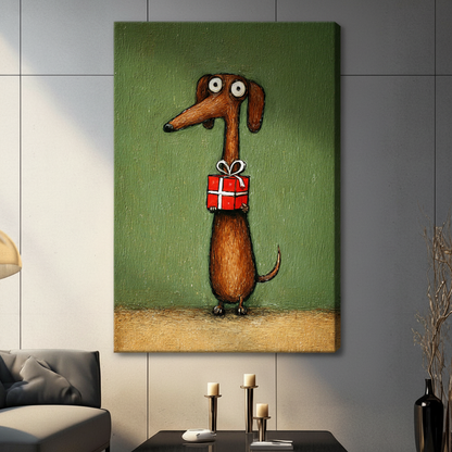Funny Dachshund Holding Gift Canvas Wall Art