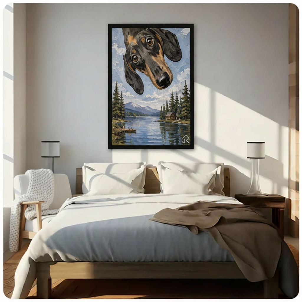 Dachshund Lake Cabin Whimsical Canvas Wall Art