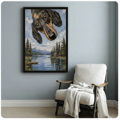 Dachshund Lake Cabin Whimsical Canvas Wall Art