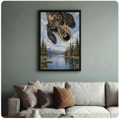 Dachshund Lake Cabin Whimsical Canvas Wall Art