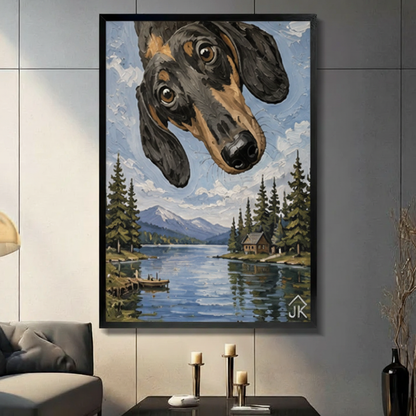 Dachshund Lake Cabin Whimsical Canvas Wall Art