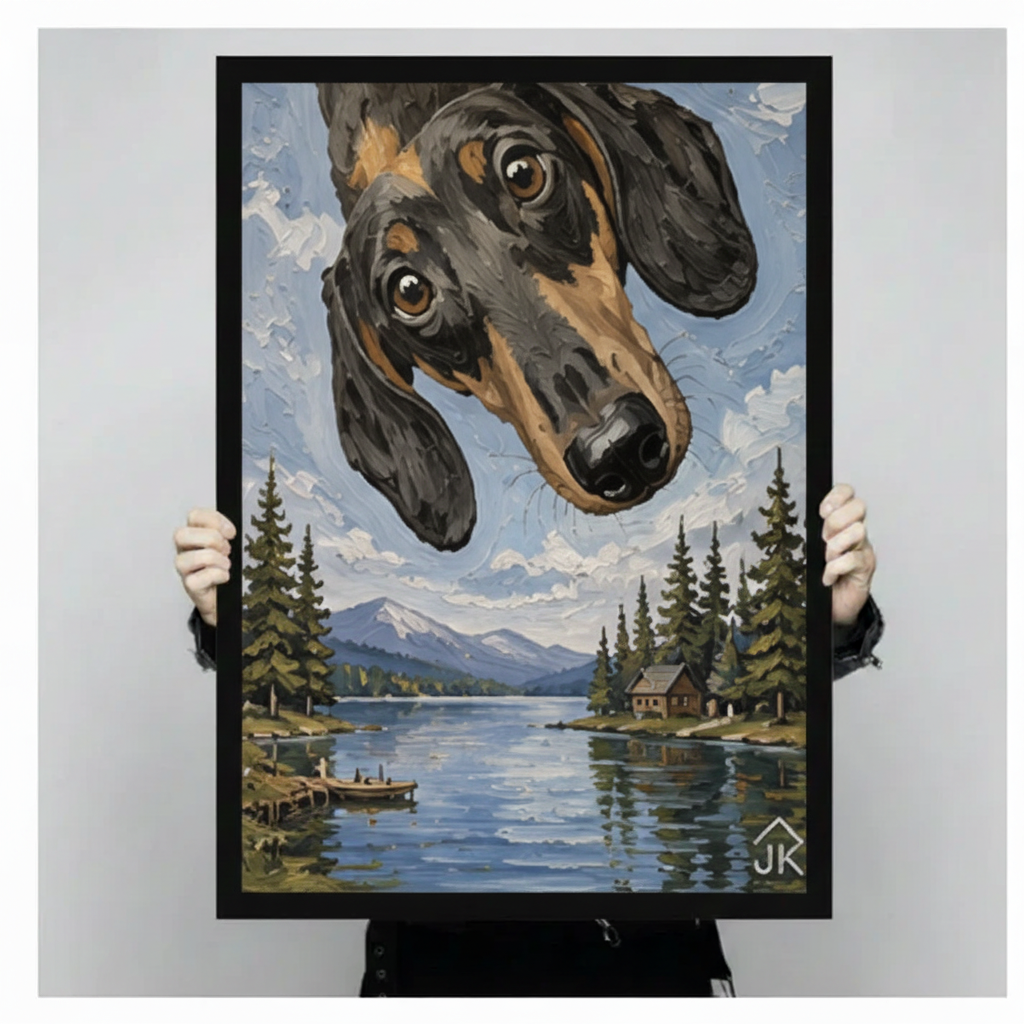Dachshund Lake Cabin Whimsical Canvas Wall Art