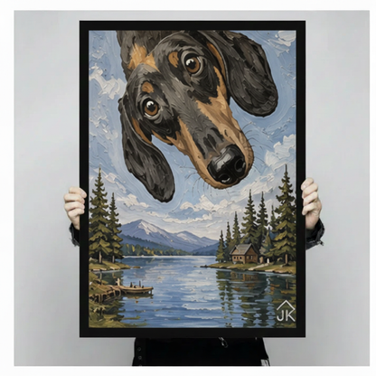 Dachshund Lake Cabin Whimsical Canvas Wall Art