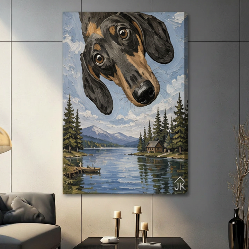 Dachshund Lake Cabin Whimsical Canvas Wall Art