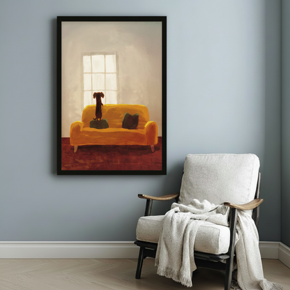 Cozy Dachshund on Sofa Wall Art – Warm Home Scene Dog Canvas Print on Natural Wood Frame
