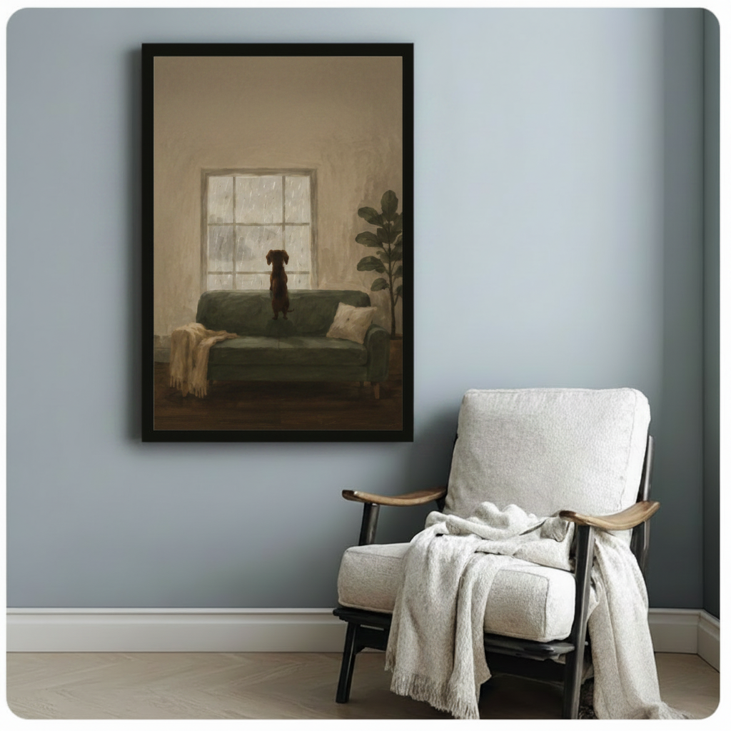 Rainy Day Dog Window Oil Painting Canvas Art Wall Art