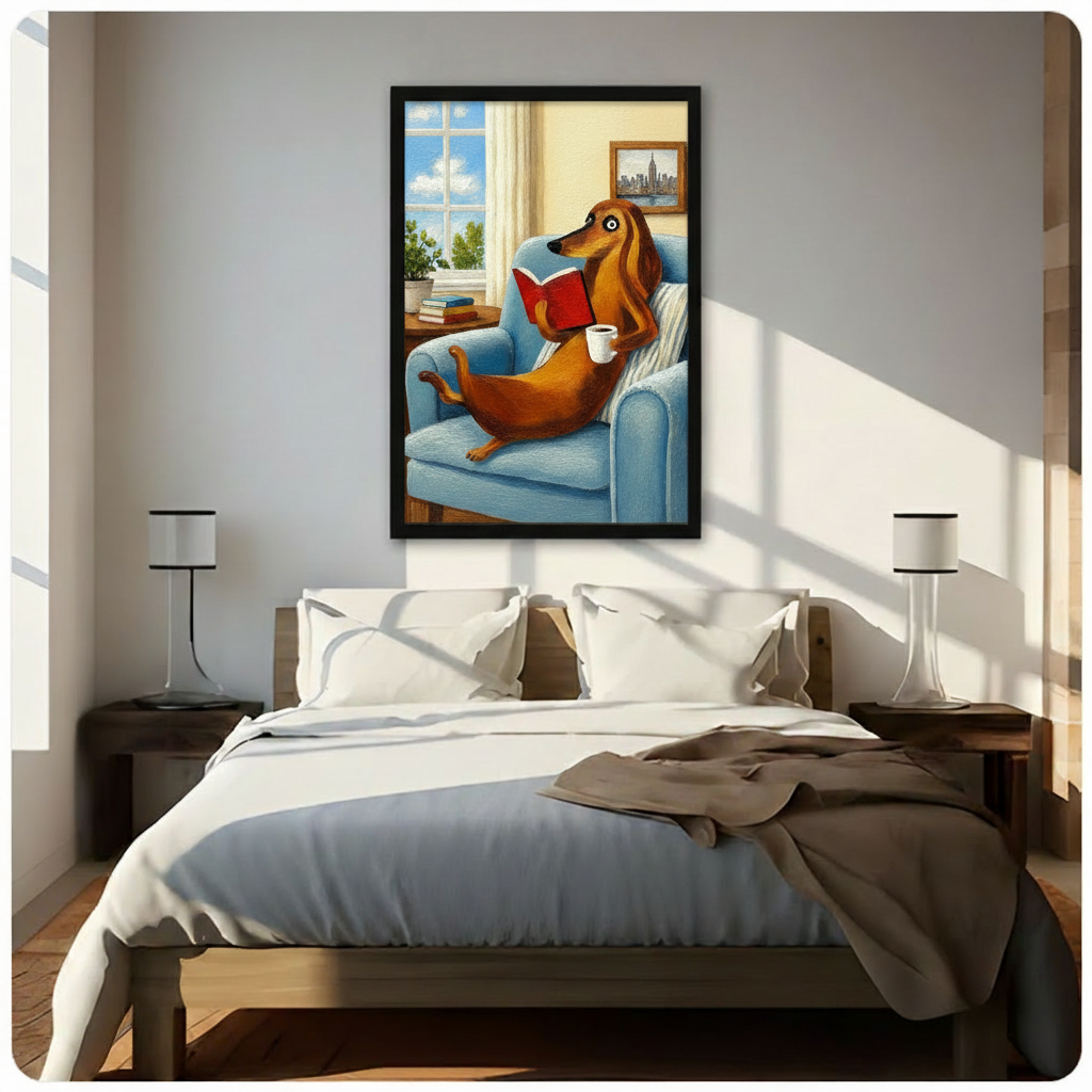 Dachshund Reading Coffee Cozy Oil Canvas Wall Art