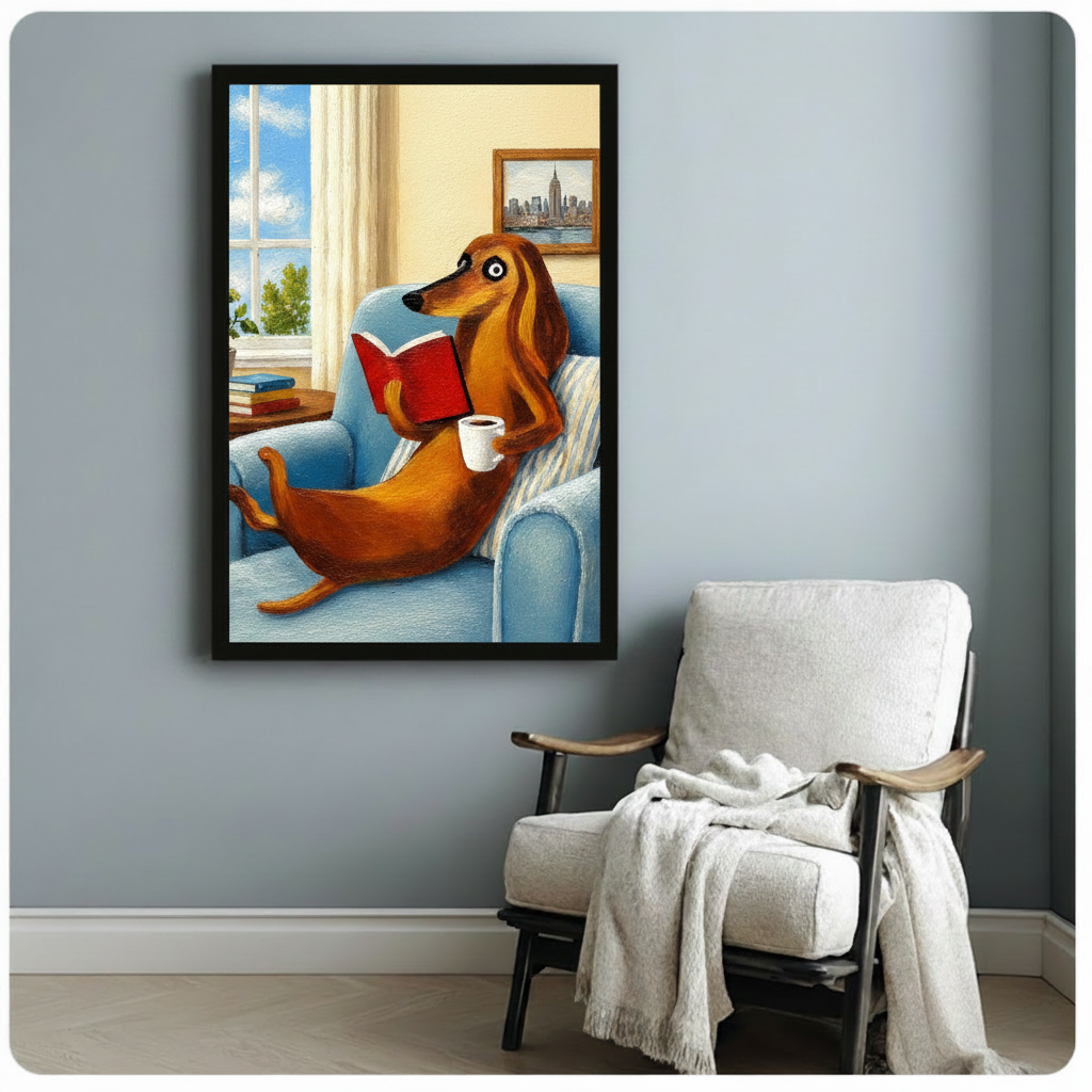 Dachshund Reading Coffee Cozy Oil Canvas Wall Art