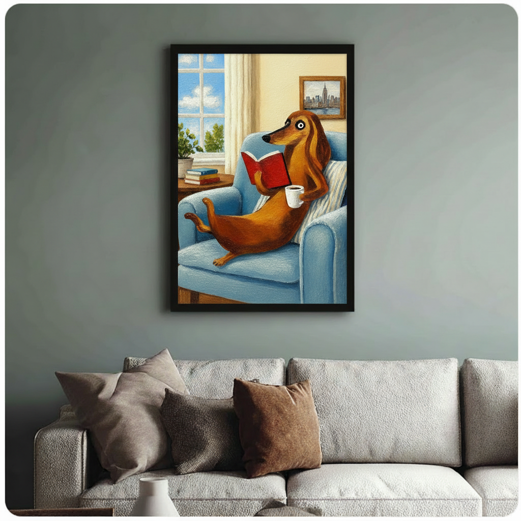 Dachshund Reading Coffee Cozy Oil Canvas Wall Art