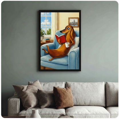 Dachshund Reading Coffee Cozy Oil Canvas Wall Art