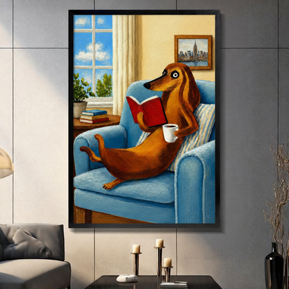 Dachshund Reading Coffee Cozy Oil Canvas Wall Art