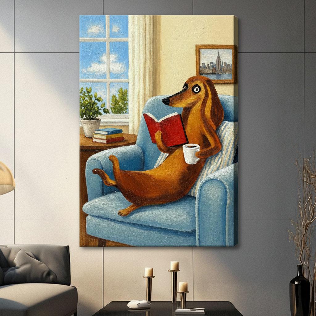 Dachshund Reading Coffee Cozy Oil Canvas Wall Art