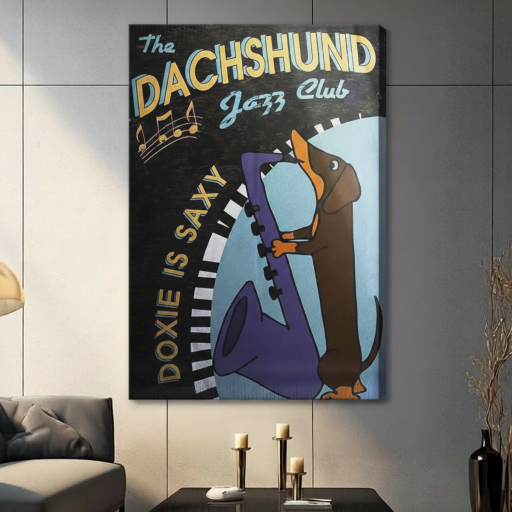 Dachshund Jazz Club Vintage Canvas Wall Art Print