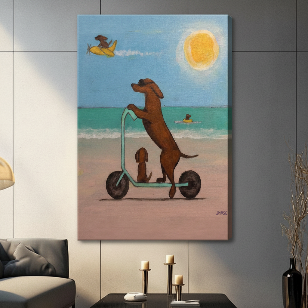 Dachshund Beach Day Fun Canvas Wall Art