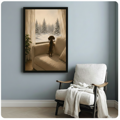 Dachshund Snow Forest Window Canvas Wall Art