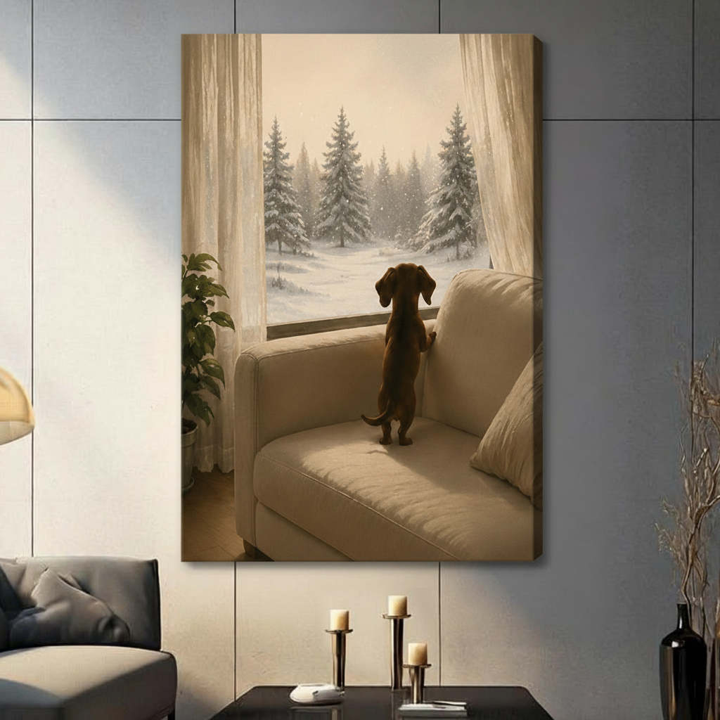 Dachshund Snow Forest Window Canvas Wall Art