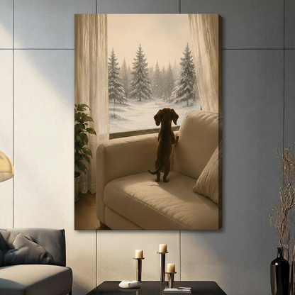 Dachshund Snow Forest Window Canvas Wall Art
