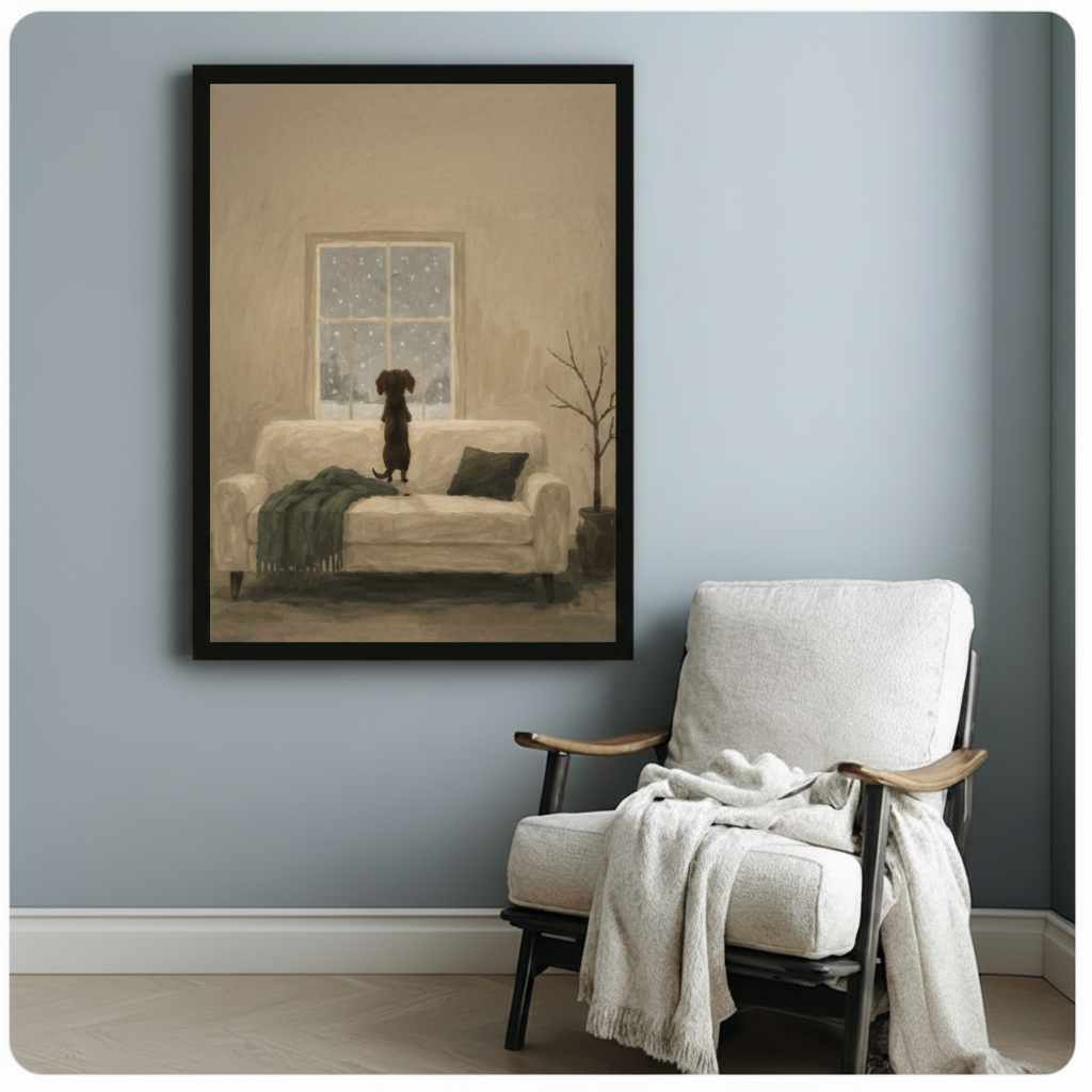Snowy Day Dog Window Oil Painting Canvas Art Wall Art