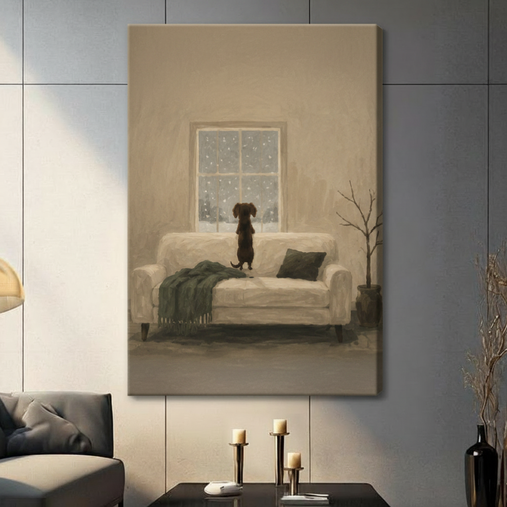 Snowy Day Dog Window Oil Painting Canvas Art Wall Art