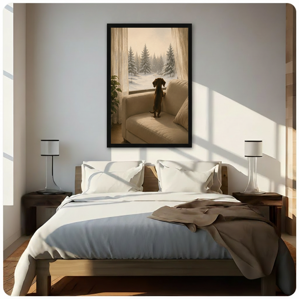 Dachshund Snow Forest Window Canvas Wall Art