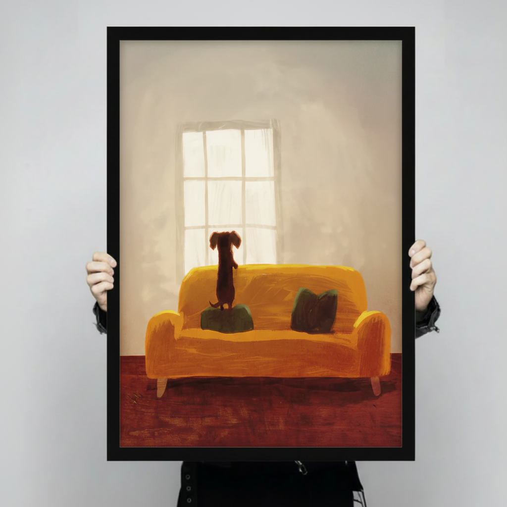 Cozy Dachshund on Sofa Wall Art – Warm Home Scene Dog Canvas Print on Natural Wood Frame