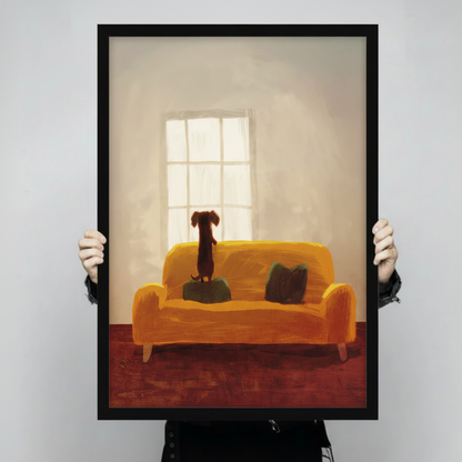 Cozy Dachshund on Sofa Wall Art – Warm Home Scene Dog Canvas Print on Natural Wood Frame