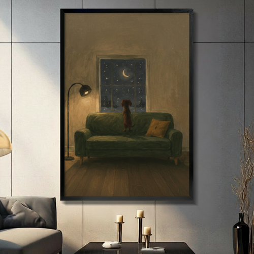 Starry Night Dog Window Oil Painting Canvas Art