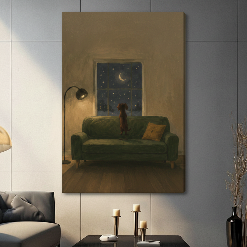 Starry Night Dog Window Oil Painting Canvas Art