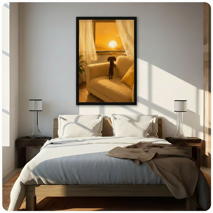 Dachshund Watching Sunset Window Canvas Wall Art