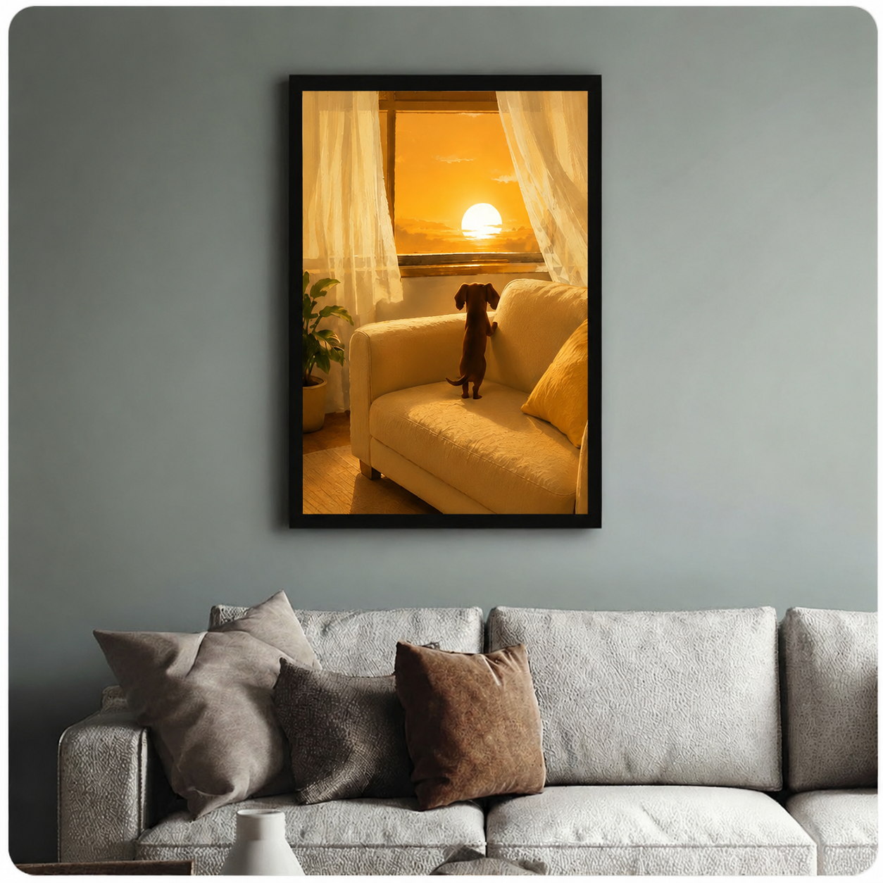 Dachshund Watching Sunset Window Canvas Wall Art