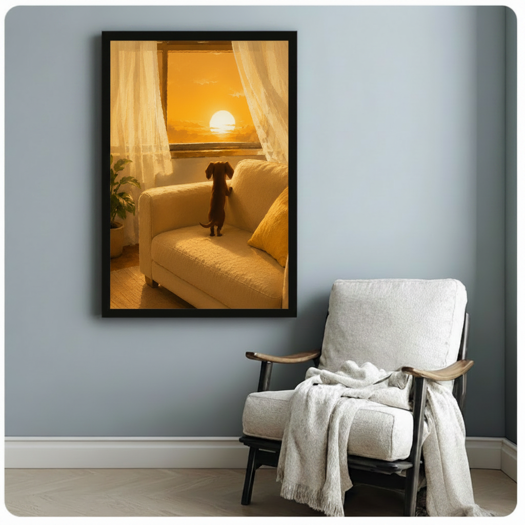 Dachshund Watching Sunset Window Canvas Wall Art