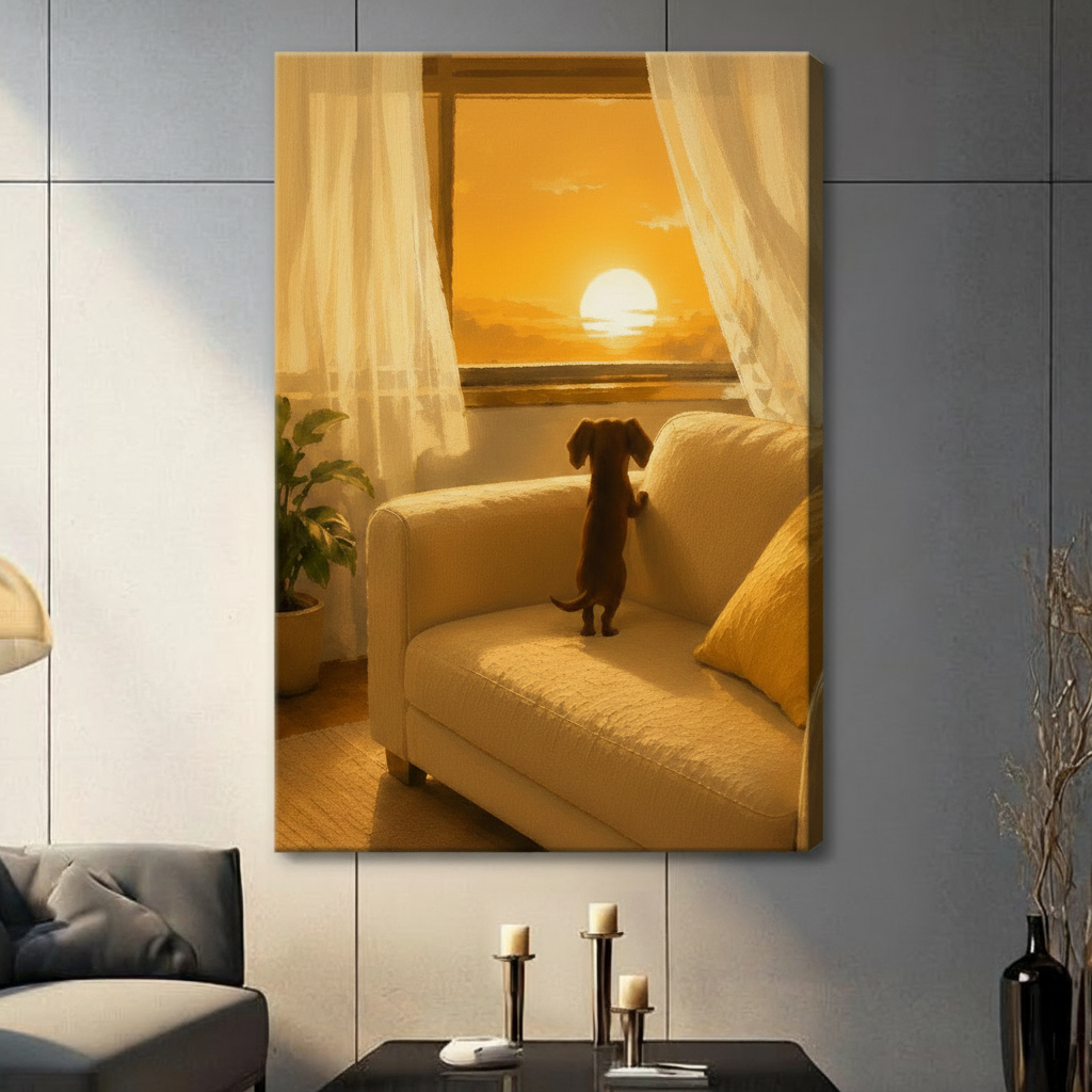 Dachshund Watching Sunset Window Canvas Wall Art