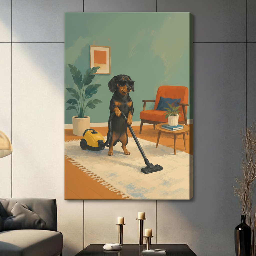 Dachshund Vacuuming Retro Humor Mid-Century Canvas Art