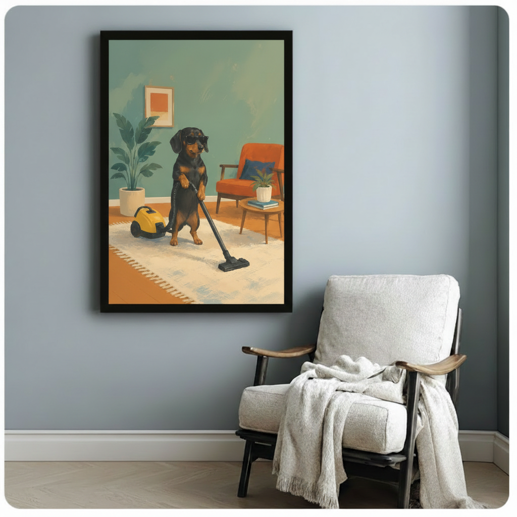 Dachshund Vacuuming Retro Humor Mid-Century Canvas Art
