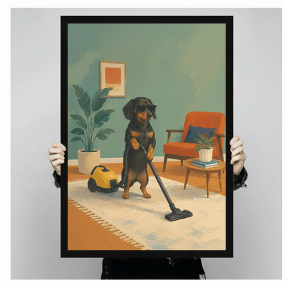 Dachshund Vacuuming Retro Humor Mid-Century Canvas Art