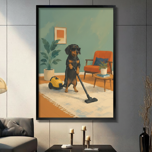 Dachshund Vacuuming Retro Humor Mid-Century Canvas Art