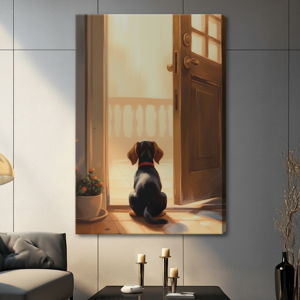 Waiting Dog Open Door Warm Canvas Wall Art